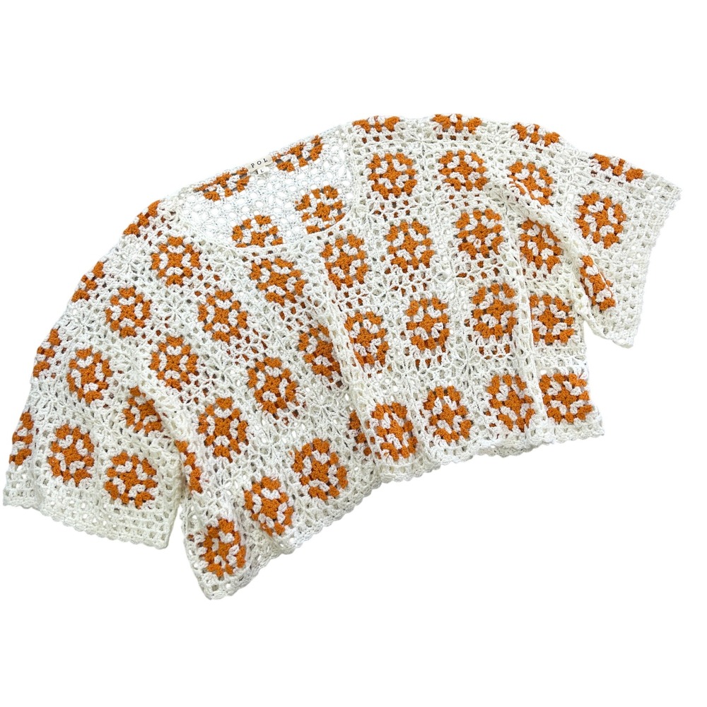 POL Granny Square Open Knit Oversized Sweater Women Large Orange Boho Crochet